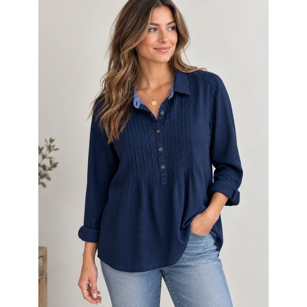 Coldwater Creek Women 2X Indigo Blue Cotton Pintuck Pleated Long Sleeve Tunic